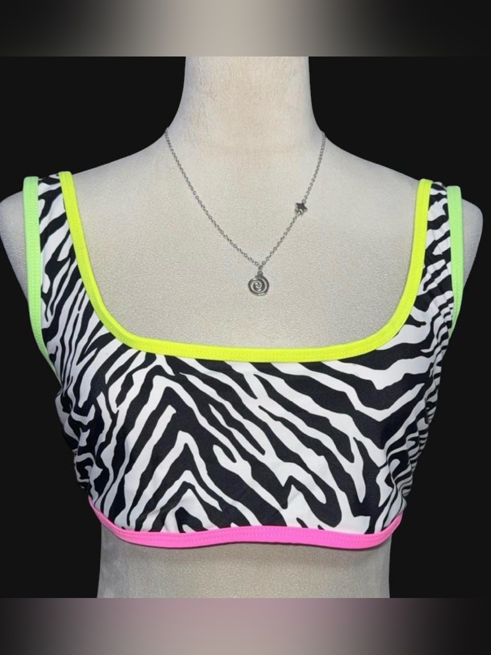 No Boundaries Black & White Zebra Crop Top with Neon Yellow and Neon Pink Trim